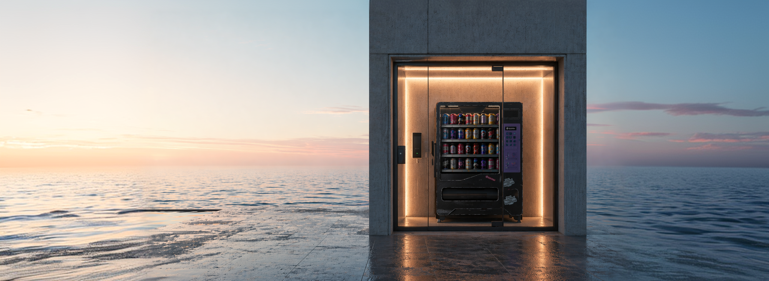 A Hydration vending machine set into a concrete pavilion beside the sea